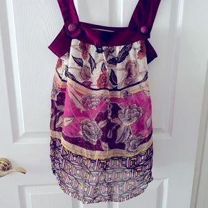 Boho Floral Tank, Silk Straps With Buttons, Sheer, Size Large